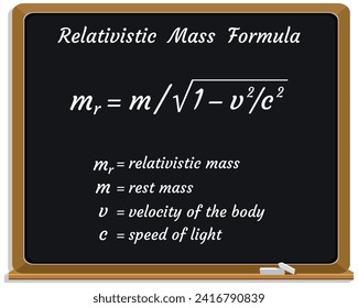 Relativistic Mass Formula on a black chalkboard. Education. Science. Formula. Vector illustration.