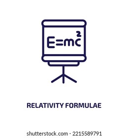 icono de fórmulas de relatividad de la colección de educación. Formularios de relatividad lineal delgada, fórmula, icono de contorno de investigación aislado en fondo blanco. Signo de fórmulas de relatividad de vector de línea, símbolo para web 