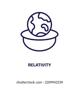 icono de relatividad de la colección astronómica. Relatividad lineal delgada, personas, icono de contorno de información aislado en fondo blanco. Signo de relatividad de vector de línea, símbolo para web y móvil
