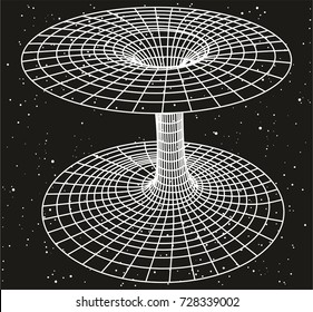 The Relativity Theory Concept showing a sketch of black hole or wormhole with space field background filled with stars and relation between time energy mass light speed for physics science education