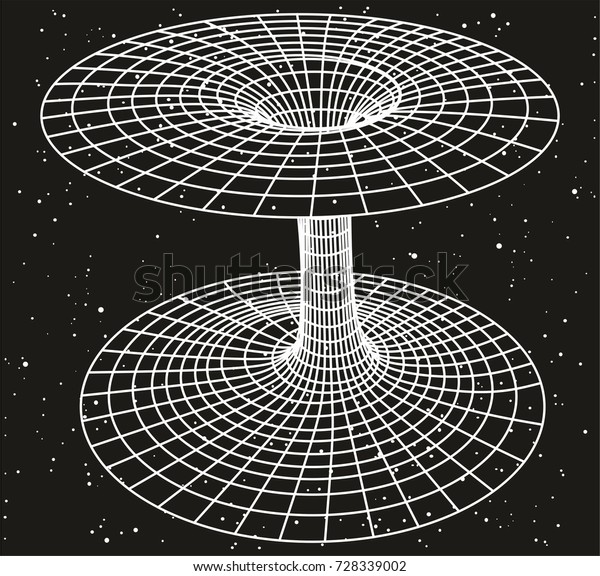 星が埋め込まれた空間の背景にブラックホールやワームホールのスケッチを示す相対性理論コンセプト 物理科学教育の時間エネルギー質量光速度の関係 のベクター画像素材 ロイヤリティフリー