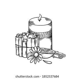 Relax aroma candles. Black sketch with shading. Wax candles with cinnamon stick, calendula flower and orange slice. Vector spa, relaxation elements, greeting cards and invitations