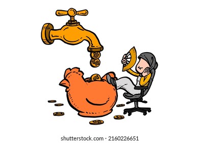 Relax asianbusiness woman getting passive income. Cartoon vector illustration design