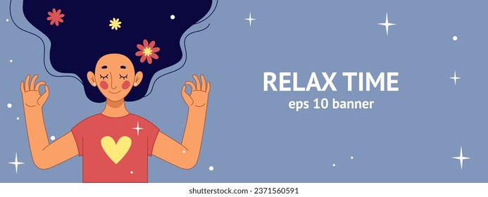 Relax banner. Happy woman relaxation. Flowers in hair. Yoga meditation. Calm and happiness. Peaceful positive mind. Young female lifestyle. Cute girl mental health. Vector background