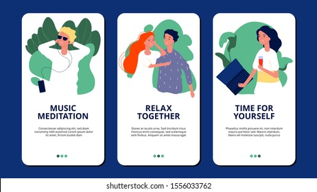 Relax Banners. Happy People Relaxing Meditation Pamper Themselves. Relax Theme For Mobile App Vector Template With Flat Characters