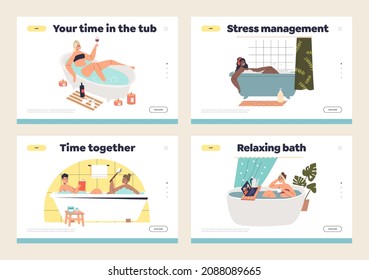 Relax in bath concept of landing pages set with people lying in bathtub with foam and hot water recreating at home. Bathing relaxation and wellness. Cartoon flat vector illustration