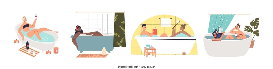 Relax in bath: set of people lying in bathtub with foam and hot water relaxing and recreating at home. Bathing relaxation and wellness concept. Cartoon flat vector illustration