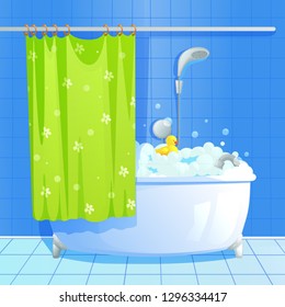 Relax bathroom interior with  bath and soap foam bubbles. Vector cartoon iilustration