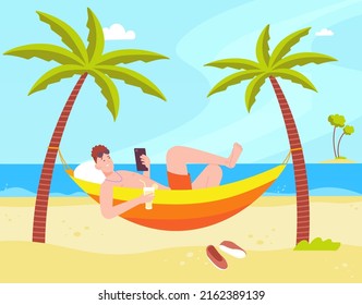 Relájese en la hamaca de playa. Hombre de ocio tumbado bajo la palma en la isla del océano, vacaciones de verano en tailandia bali de recreo descanso vacaciones persona de vida, ilustración vectorial de la playa del hombre freelancer