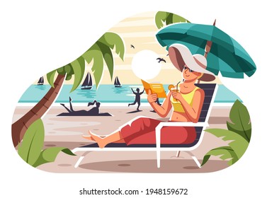 Relax in Beach Illustration, Enjoying the Sound of the Waves to Freshen Body and Mind. This illustration can be used for website, landing page, web, app, and banner.