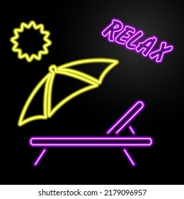 relax beach neon sign, modern glowing banner design, colorful modern design trends on black background. Vector illustration.