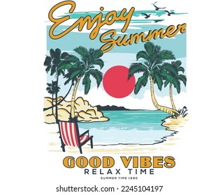 Relax at the beach. Beach vibes t-shirt artwork. Palm tree, chare graphic print design. Enjoy summer time vector design. Beach mountain. 