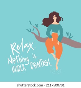 Relax. Beautiful calm woman sit on the branch and touch the water by their feet. Concept illustration. Good vibes.