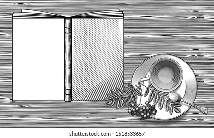 Relax with a book. A book, a rowan and a cup of tea on an old wooden table. Vintage engraving stylized drawing. Vector illustration