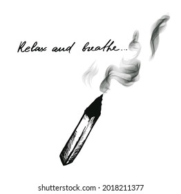 Relax and breathe. Palo Santo tree stick- holy incense tree from Latin America. Meditation, mental health and personal fulfilment concept, selectiv.  Isolated on white background.  for spa salons and 