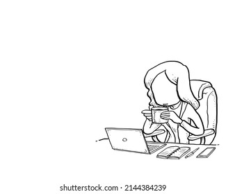 Relax business woman sipping coffee on her desk in the morning. Cartoon vector illustration design.