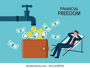 Relax businessman sit on the chair to see money faucet flow into wallet, passive income to reach financial freedom, earning money while you sleep or wealth increase without salary.