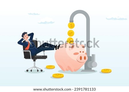 Relax businessman sit on the chair to see money faucet flow into savings piggy bank, passive income to reach financial freedom, earning money while you sleep or wealth increase without salary (Vector)