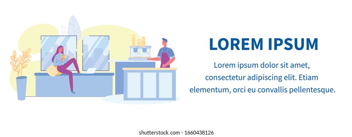 Relájese en el Café, la comunicación amistosa entre el empleado y el visitante. Barman prepara bebidas y habla con las chicas clientes. Descansa mujer y trabaja con laptop en Cafe Lounge. Ilustración de vectores planos.