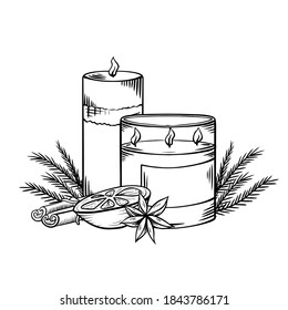 Relax candles. Black and white sketch with shading. Wax candles with juniper twigs, cinnamon and orange slice. Vector spa, relaxation elements, greeting cards and invitations