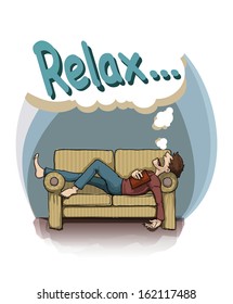 Relax, card with a man sleeping on a sofa, vector illustration