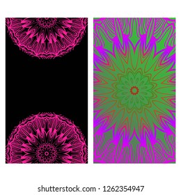 Relax cards with mandala formed flowers, boho style, vector illustration. For wedding, bridal, Valentine's day, greeting card invitation.