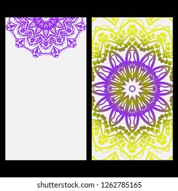 Relax cards with mandala formed flowers, boho style, vector illustration. For wedding, bridal, Valentine's day, greeting card invitation.