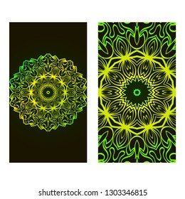 Relax Cards With Mandala Formed Flowers, Boho Style, Vector Illustration. For Wedding, Bridal, Valentine's Day, Greeting Card Invitation. Black green color.