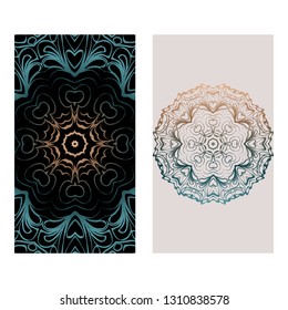Relax Cards With Mandala Formed Flowers, Boho Style, Vector Illustration. For Wedding, Bridal, Valentine's Day, Greeting Card Invitation. Fantasy color.