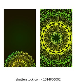 Relax Cards With Mandala Formed Flowers, Boho Style, Vector Illustration. For Wedding, Bridal, Valentine's Day, Greeting Card Invitation. Black green color.