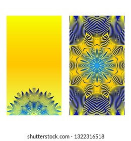 Relax Cards With Mandala Formed Flowers, Boho Style, Vector Illustration. For Wedding, Bridal, Valentine's Day, Greeting Card Invitation. Blue yellow color.
