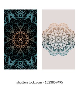 Relax Cards With Mandala Formed Flowers, Boho Style, Vector Illustration. For Wedding, Bridal, Valentine's Day, Greeting Card Invitation. Fantasy color.