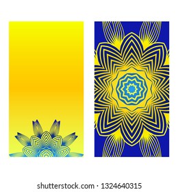 Relax Cards With Mandala Formed Flowers, Boho Style, Vector Illustration. For Wedding, Bridal, Valentine's Day, Greeting Card Invitation. Blue yellow color.