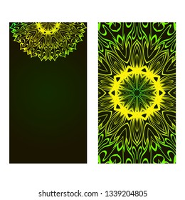 Relax Cards With Mandala Formed Flowers, Boho Style, Vector Illustration. For Wedding, Bridal, Valentine's Day, Greeting Card Invitation. Black green color.