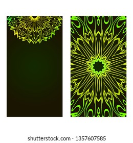 Relax Cards With Mandala Formed Flowers, Boho Style, Vector Illustration. For Wedding, Bridal, Valentine's Day, Greeting Card Invitation. Black green color.
