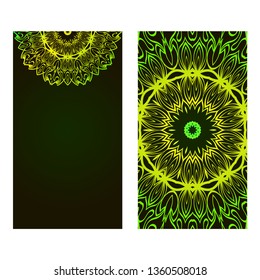 Relax Cards With Mandala Formed Flowers, Boho Style, Vector Illustration. For Wedding, Bridal, Valentine's Day, Greeting Card Invitation. Black green color.