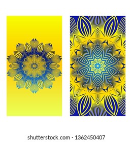 Relax Cards With Mandala Formed Flowers, Boho Style, Vector Illustration. For Wedding, Bridal, Valentine's Day, Greeting Card Invitation. Blue yellow color.