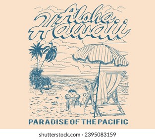 Relax chair hand sketch. Aloha hawaii long beach. Beach vibes artwork for t shirt, poster, sticker. Summer good vibes. Paradise t shirt graphics design, typography slogan on palm trees background.