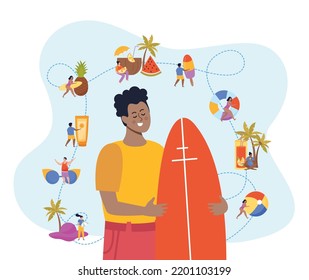 Relax and chill flat background with happy boy holding board for surfing and small icons on south theme vector illustration