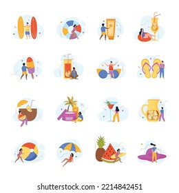 Relax and chill flat icons set of people spending vacation on summer beach isolated vector illustration