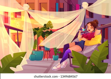 Relax and chill out in big city cartoon vector concept. Calm, young woman dreaming, sitting in armchair, listening music, resting on balcony with green plants illustration. Leisure in urban bustle