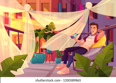 Relax and chill out in city bustle cartoon vector concept. Happy young man sitting in armchair, listening music with earphones, singing, resting on balcony, cafe terrace with green plants illustration