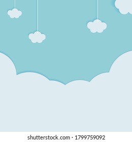 Color relajado y concepto de atmósfera, las nubes están colgadas en un fondo azul pastel, corte de papel y estilo artesanal, ilustración vectorial para diseño gráfico, fondo, sitio web o banner