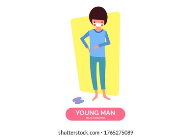 Relax color and atmosphere concept, cute character wear mask,young man standing in a comfortable position don't wear shoe, paper cut and craft style, soft pastel color, vector illustration, pink cheek