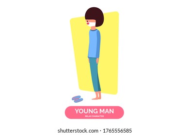 Relax color and atmosphere concept, cute character wear mask,young man standing in a comfortable position don't wear shoe, paper cut and craft style, soft pastel color, vector illustration, side view
