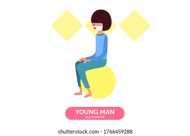 Relax color and atmosphere concept, cute character wear mask, young man sit on yellow circle in a comfortable position, paper cut and craft style, soft pastel color, vector illustration, side view