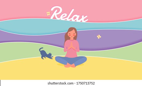 relax color concept, cute girl character are meditate on abstract beach background, relax lettering, soft pastel color, pink/rosy cheek, vector illustration for graphic design, website ,banner, poster