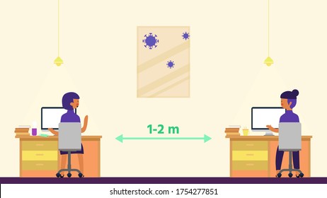 relax color concept,After Coronavirus outbreak,New normal behavior of people. Cute character sit on chair and keep distancing,working time at office,Pink cheek, vector for graphic design,office sign