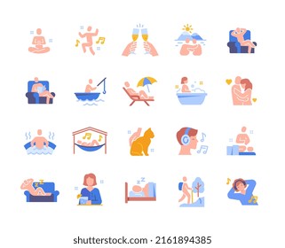 Relax colorful icon set. Bright stickers with meditating, sleeping, taking bath and listening to music characters. Relaxation and rest. Cartoon flat vector collection isolated on white background