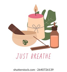 Relax composition with items for meditation. Hand drawn aroma oil, singing bowl, candle, aromatic diffuser, tropical plants. Healthy lifestyle vector illustration for banners, cards, poster